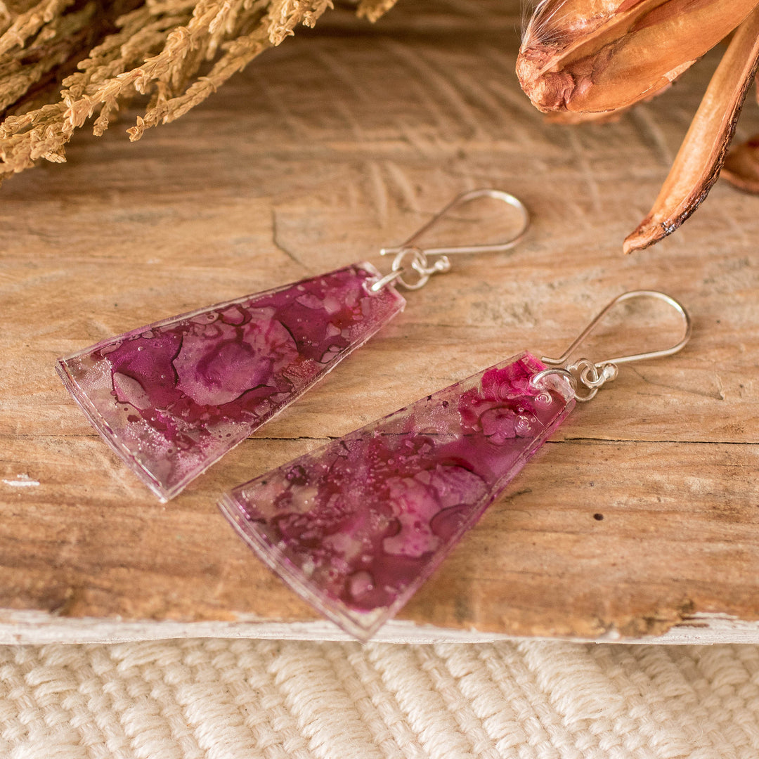 Recycled CD Dangle Earrings in Pink and Purple - Orchid Polygons
