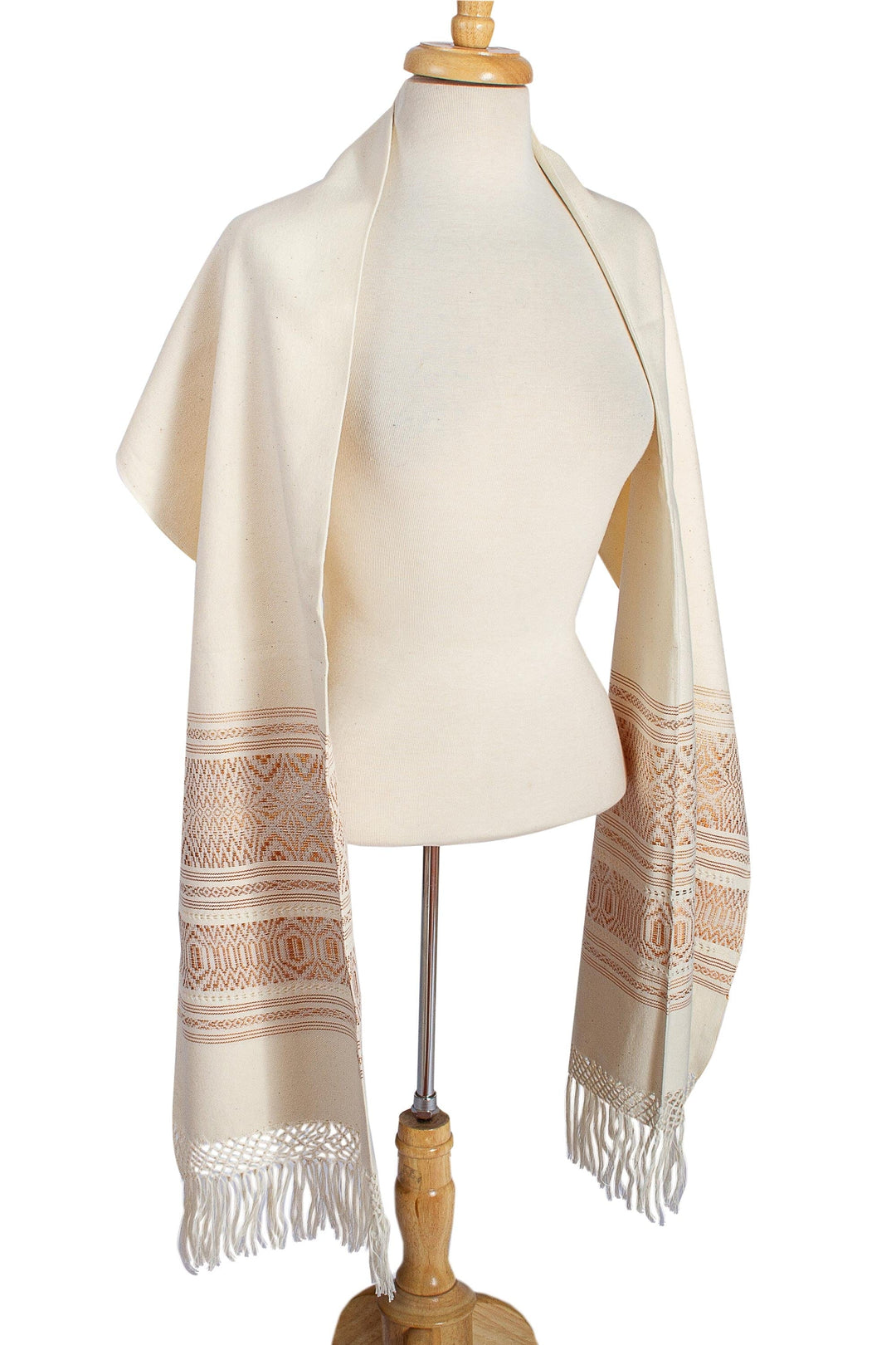 Handwoven Zapotec Brown on Ivory Cotton Rebozo Shawl - Natural Allure