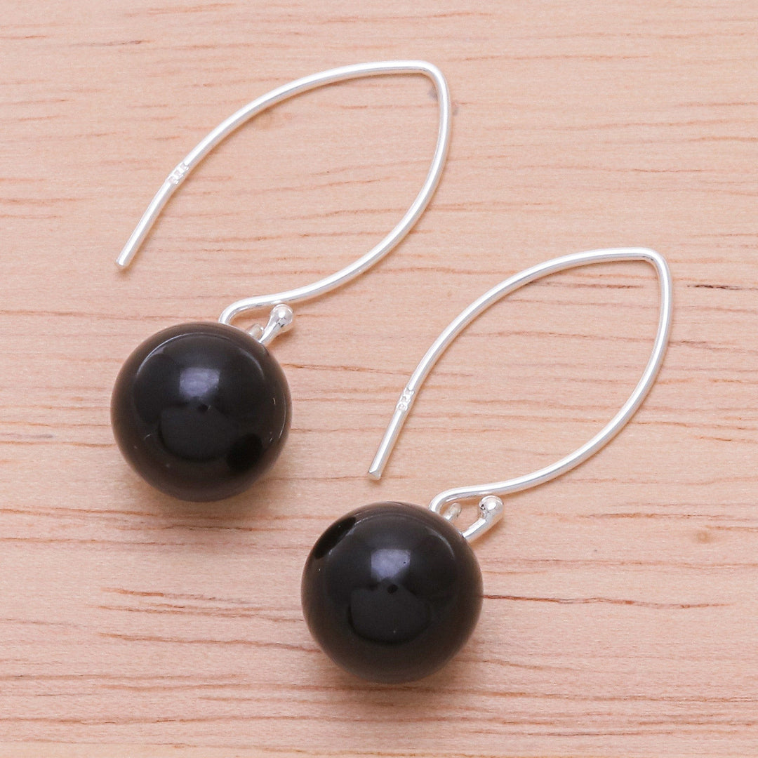 Black Onyx Bead Sterling Silver Dangle Earrings - Mood at Midnight