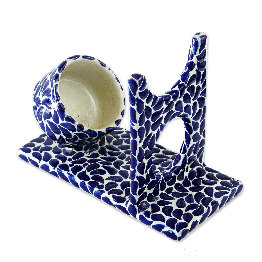 Hand Crafted Talavera Style Blue and White Bottle Holder - Puebla Petals