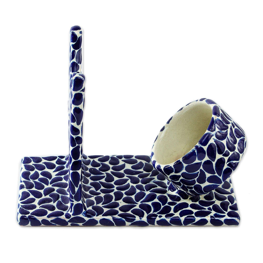 Hand Crafted Talavera Style Blue and White Bottle Holder - Puebla Petals