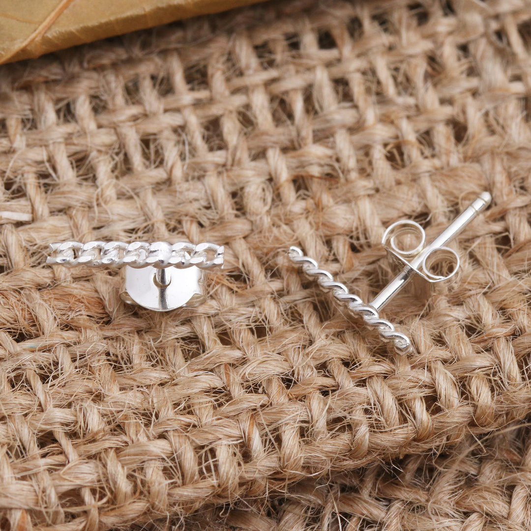 Sterling Silver Bar Post Earrings Chain Motif - Channeled Chain