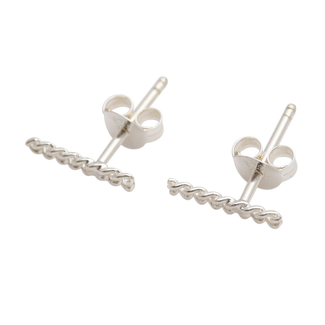 Sterling Silver Bar Post Earrings Chain Motif - Channeled Chain