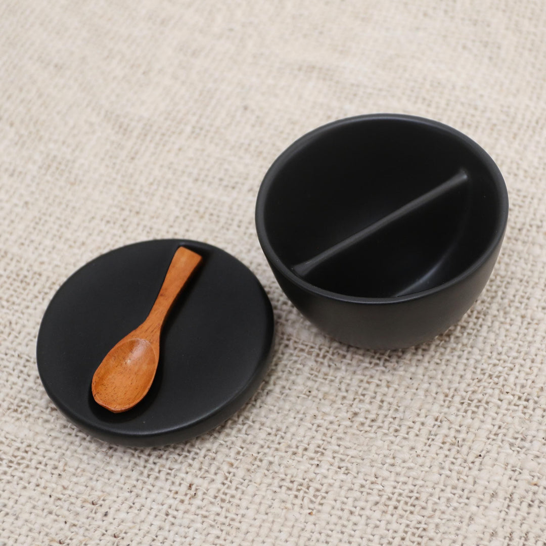 Divided Ceramic Condiment Bowl with Teak Spoon (3 Pcs) - Midnight Meal
