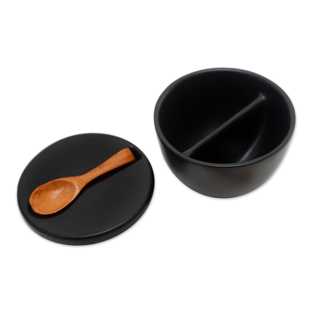 Divided Ceramic Condiment Bowl with Teak Spoon (3 Pcs) - Midnight Meal