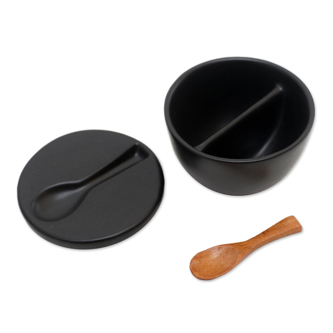Divided Ceramic Condiment Bowl with Teak Spoon (3 Pcs) - Midnight Meal