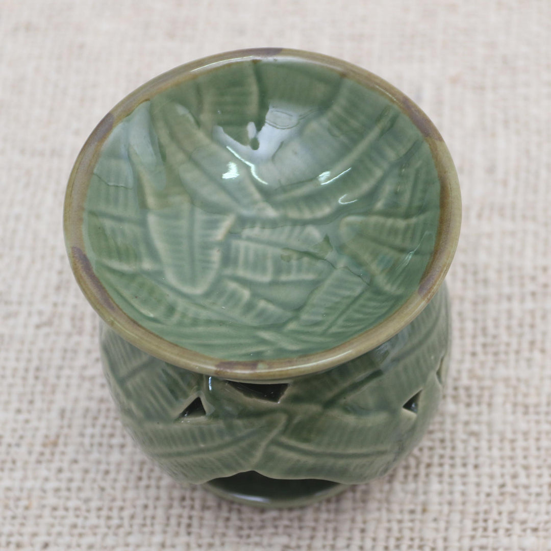 Tropical Theme Green Ceramic Oil Warmer from Bali - Coconut Leaves
