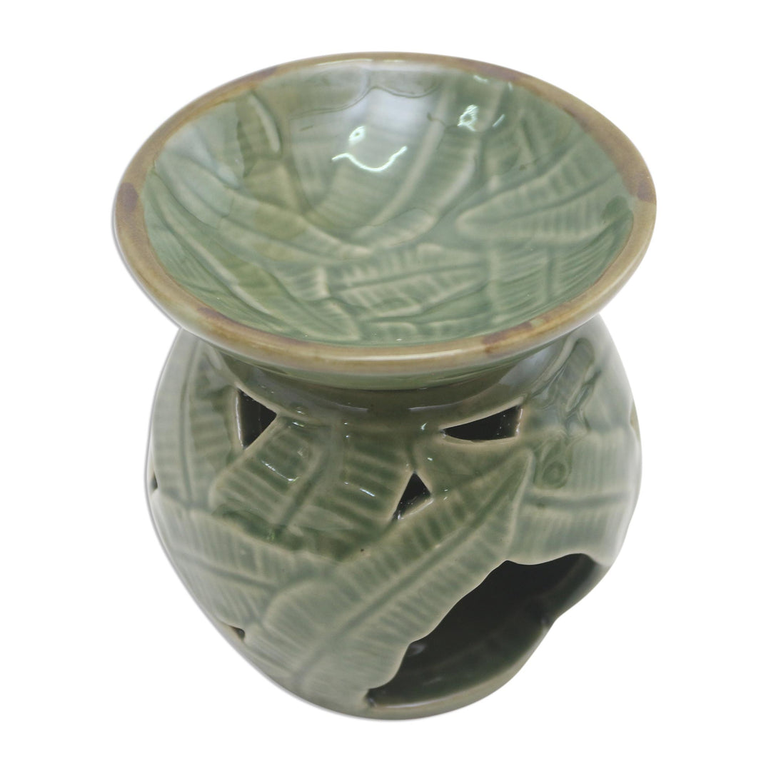 Tropical Theme Green Ceramic Oil Warmer from Bali - Coconut Leaves