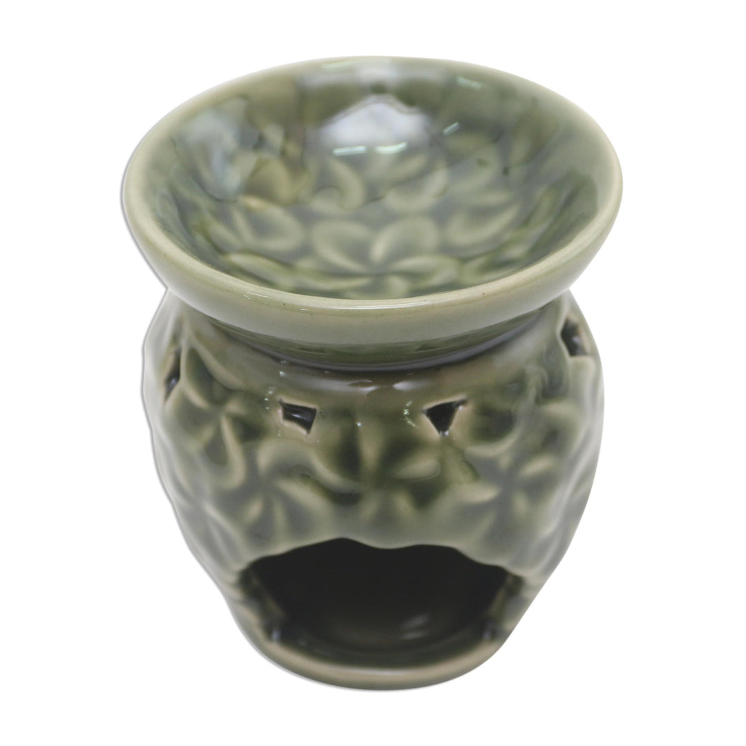 Frangipani Motif Green Ceramic Oil Warmer - Jepun Flowers