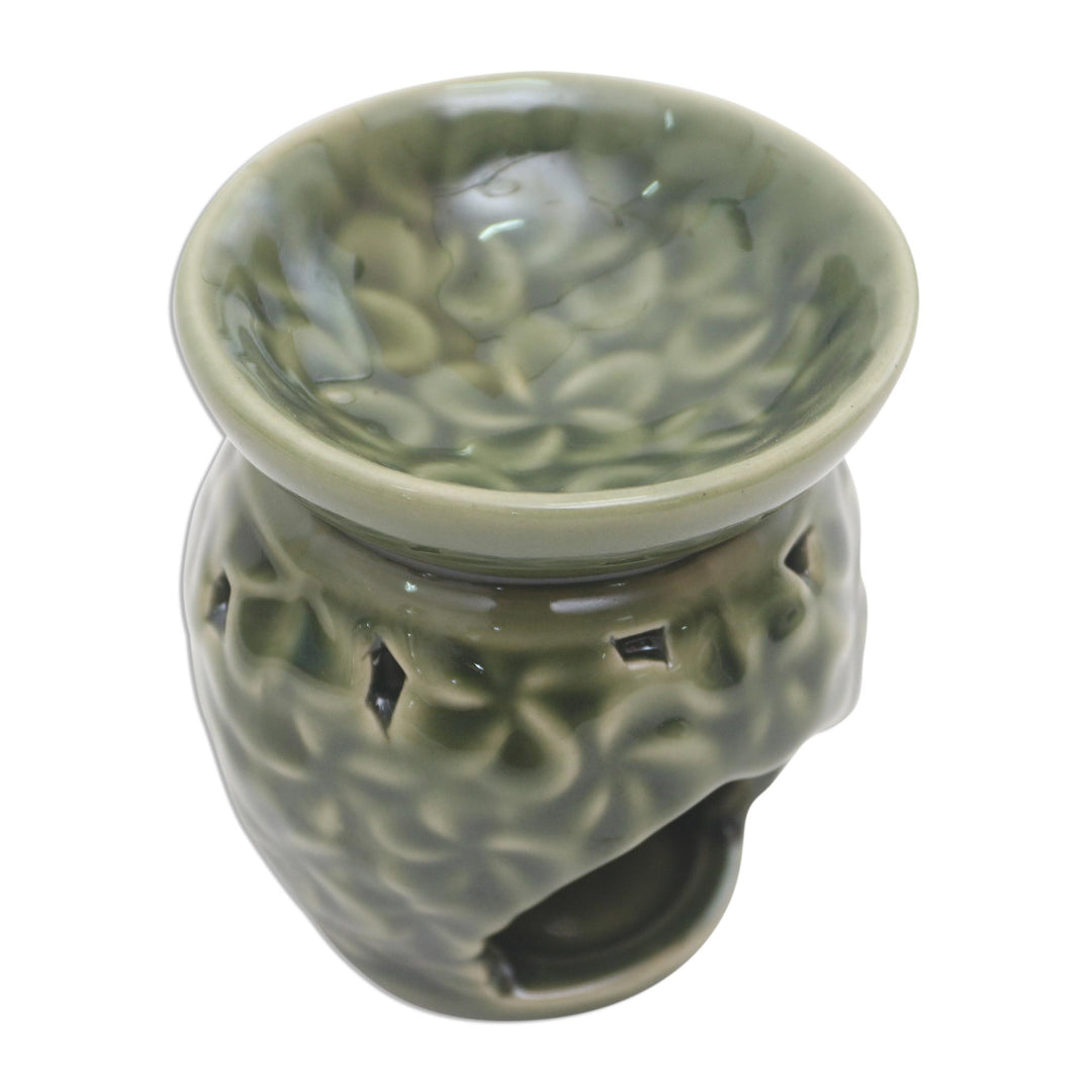 Frangipani Motif Green Ceramic Oil Warmer - Jepun Flowers