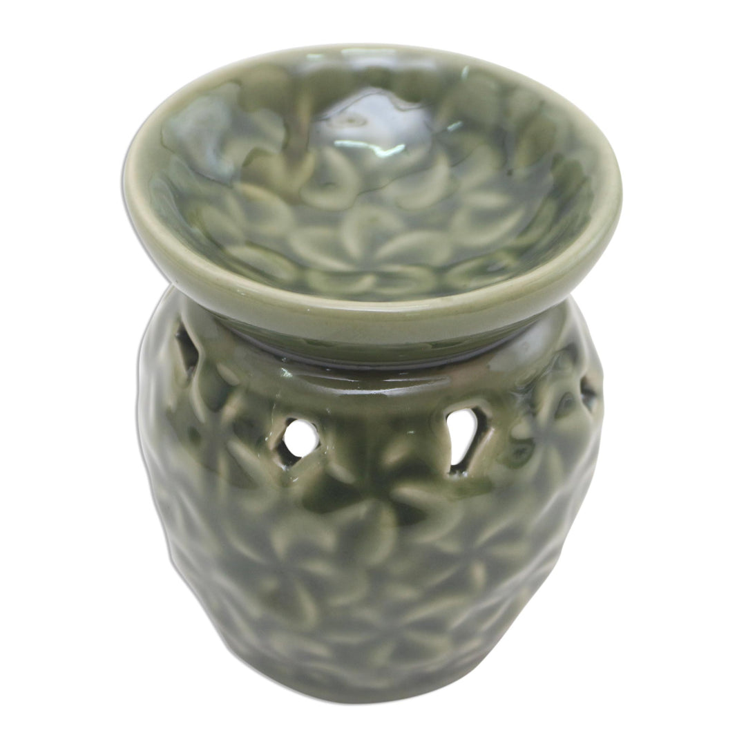 Frangipani Motif Green Ceramic Oil Warmer - Jepun Flowers