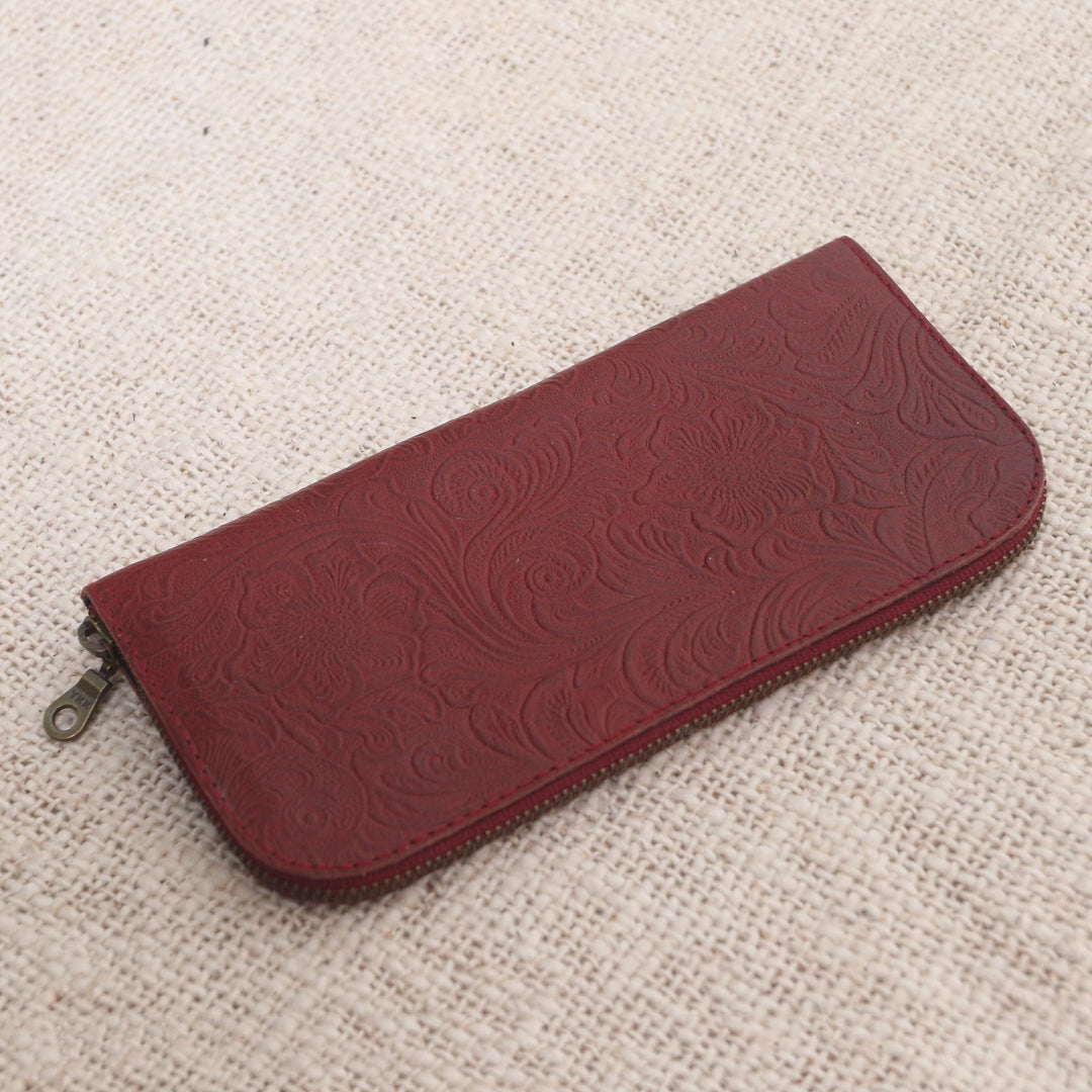 Red Leather Wallet Tooled with Floral Designs - Flowers of Ubud in Red