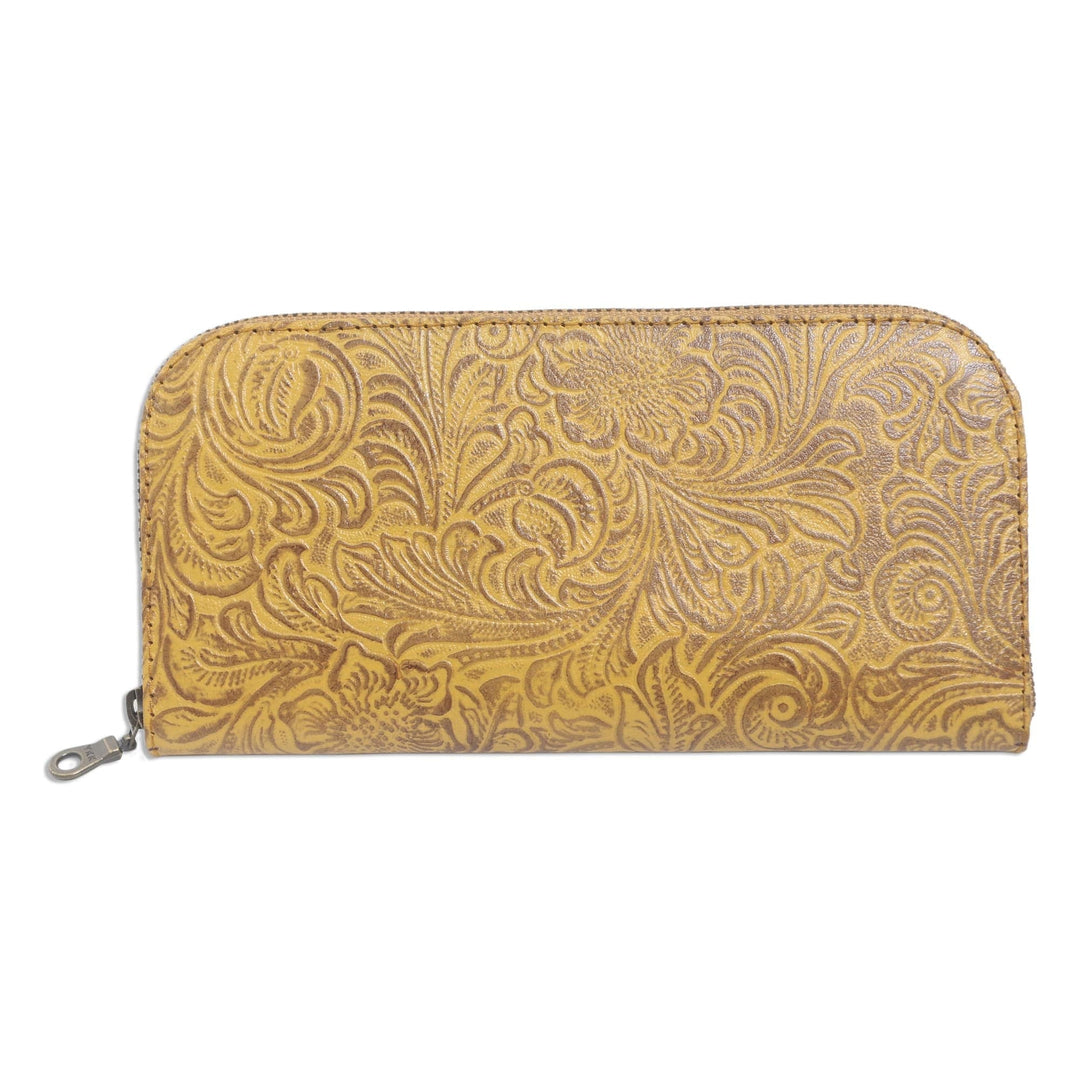 Handmade Yellow Leather Wallet from Bali - Flowers of Ubud in Maize