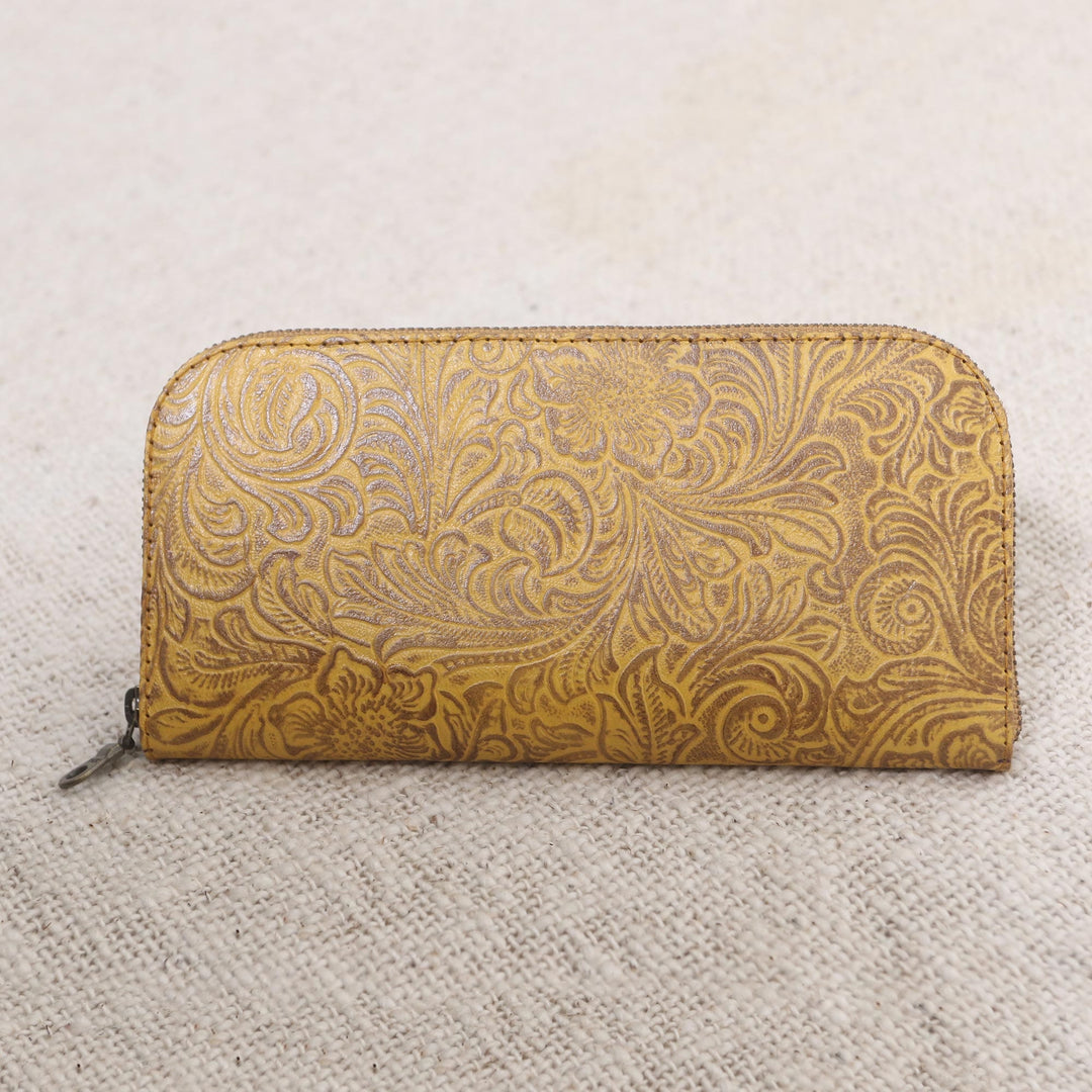 Handmade Yellow Leather Wallet from Bali - Flowers of Ubud in Maize
