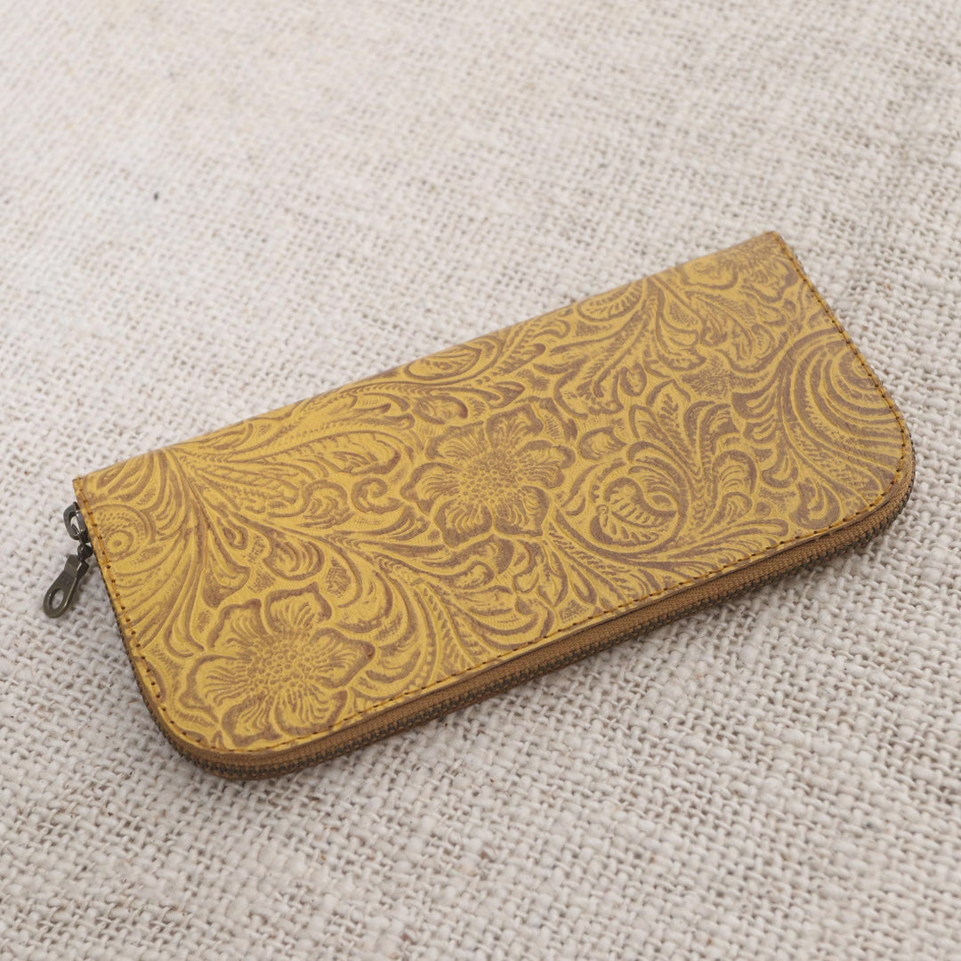 Handmade Yellow Leather Wallet from Bali - Flowers of Ubud in Maize
