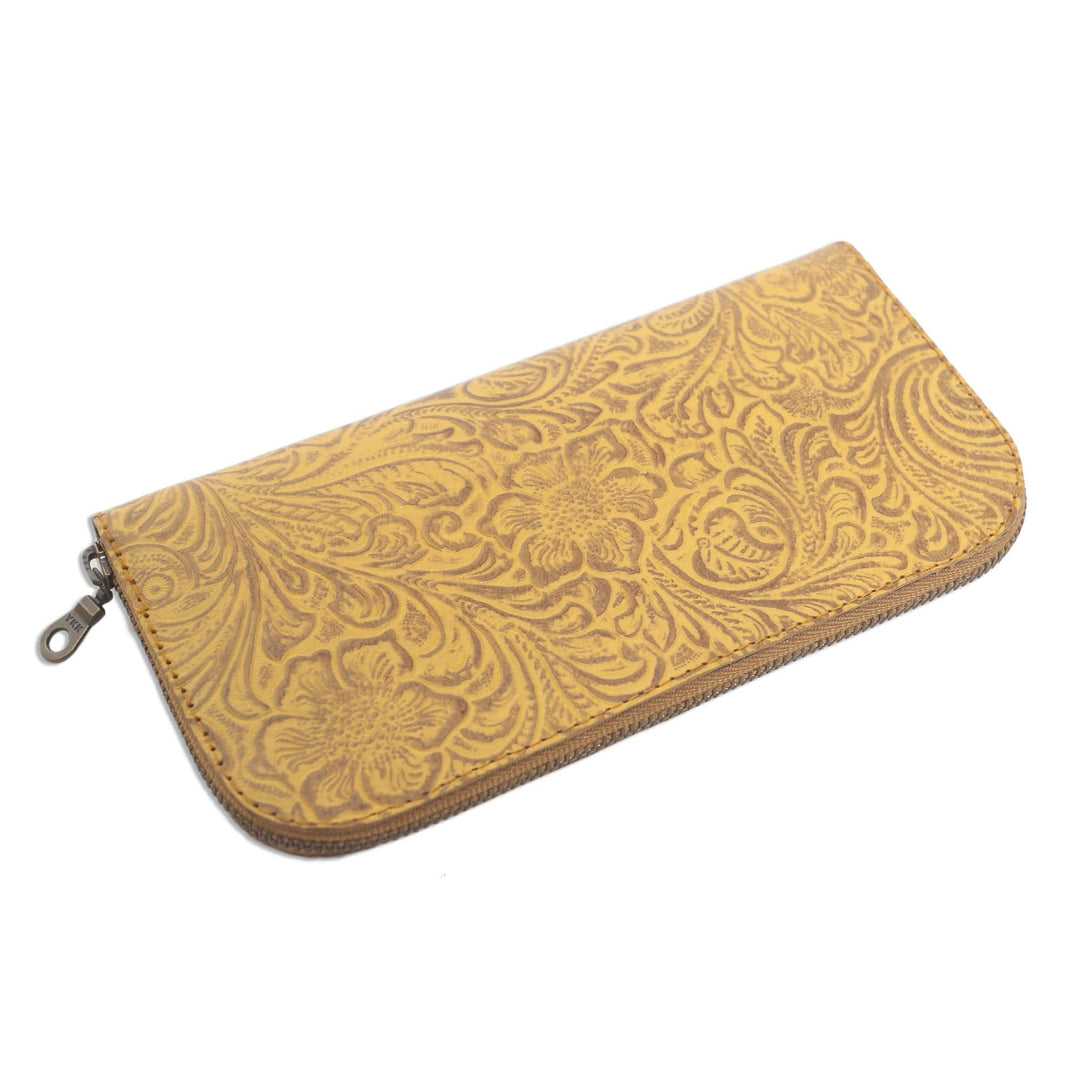 Handmade Yellow Leather Wallet from Bali - Flowers of Ubud in Maize
