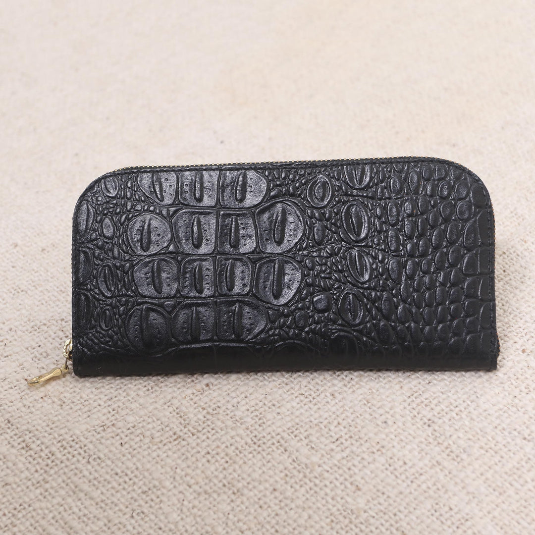 Croc Embossed Black Leather Wallet - Black Croc