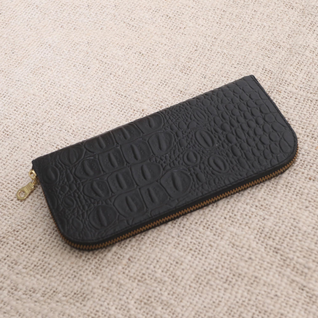 Croc Embossed Black Leather Wallet - Black Croc