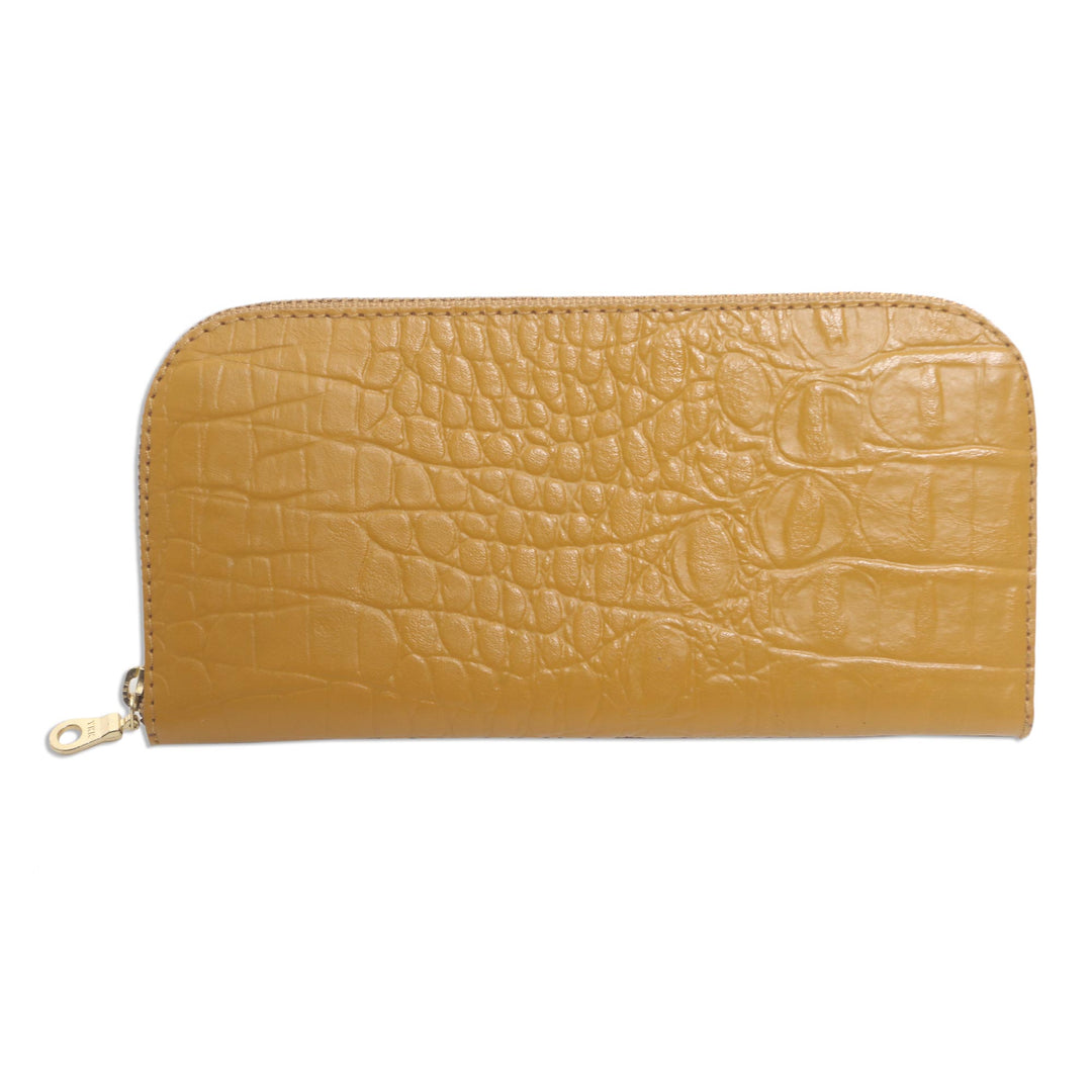 Yellow Leather Wallet with Crocodile Texture - Yellow Croc