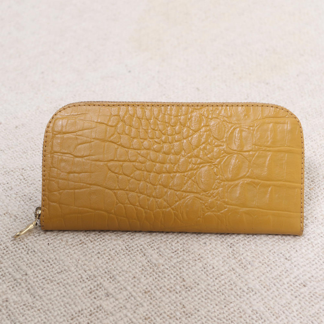 Yellow Leather Wallet with Crocodile Texture - Yellow Croc