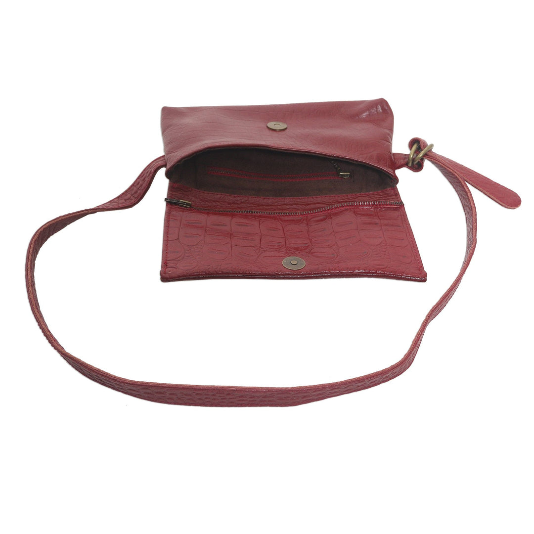 Hand Crafted Leather Crocodile Texture Waist Bag - Cool Carrier in Red Croco