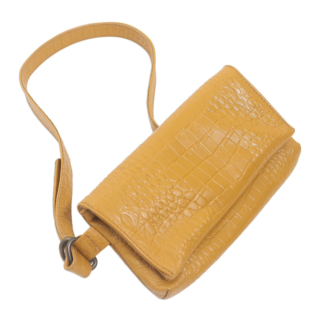 Artisan Made Leather Crocodile Texture Waist Bag - Cool Carrier in Ochre Croco