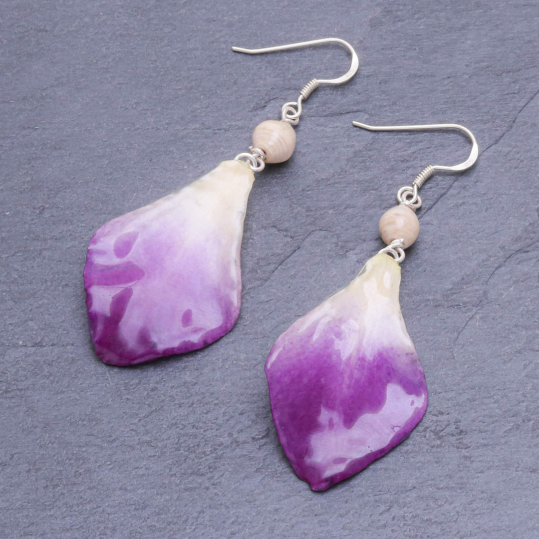 Purple and White Real Flower Petal Dangle Earrings - Forever Orchid in Purple
