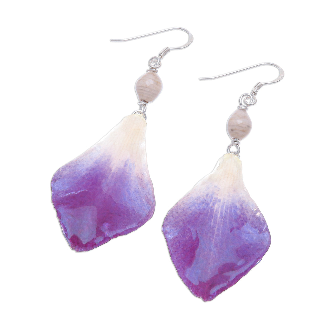 Purple and White Real Flower Petal Dangle Earrings - Forever Orchid in Purple