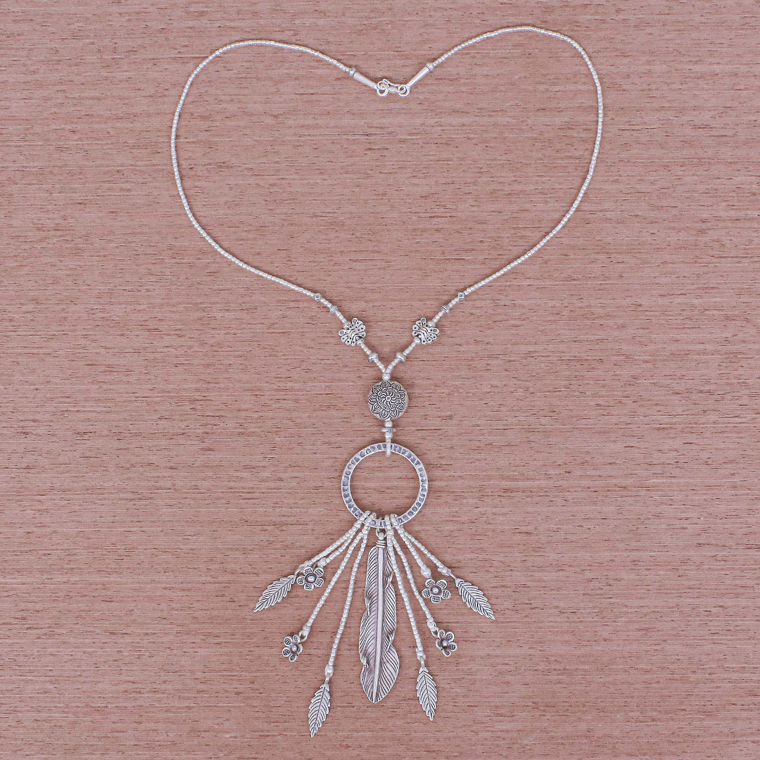 Feather and Flower 950 Silver Y-Necklace - Feather Ring