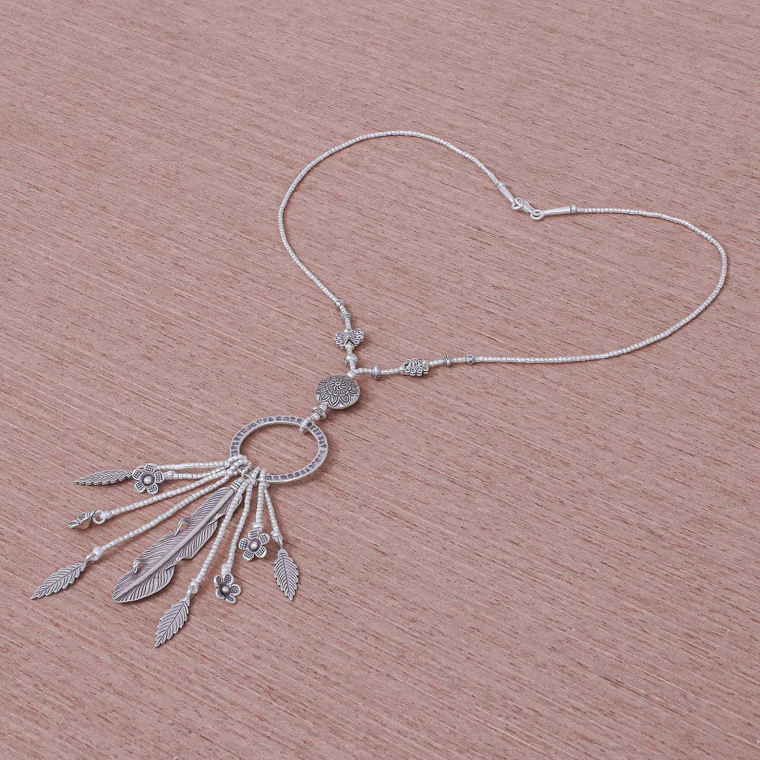 Feather and Flower 950 Silver Y-Necklace - Feather Ring