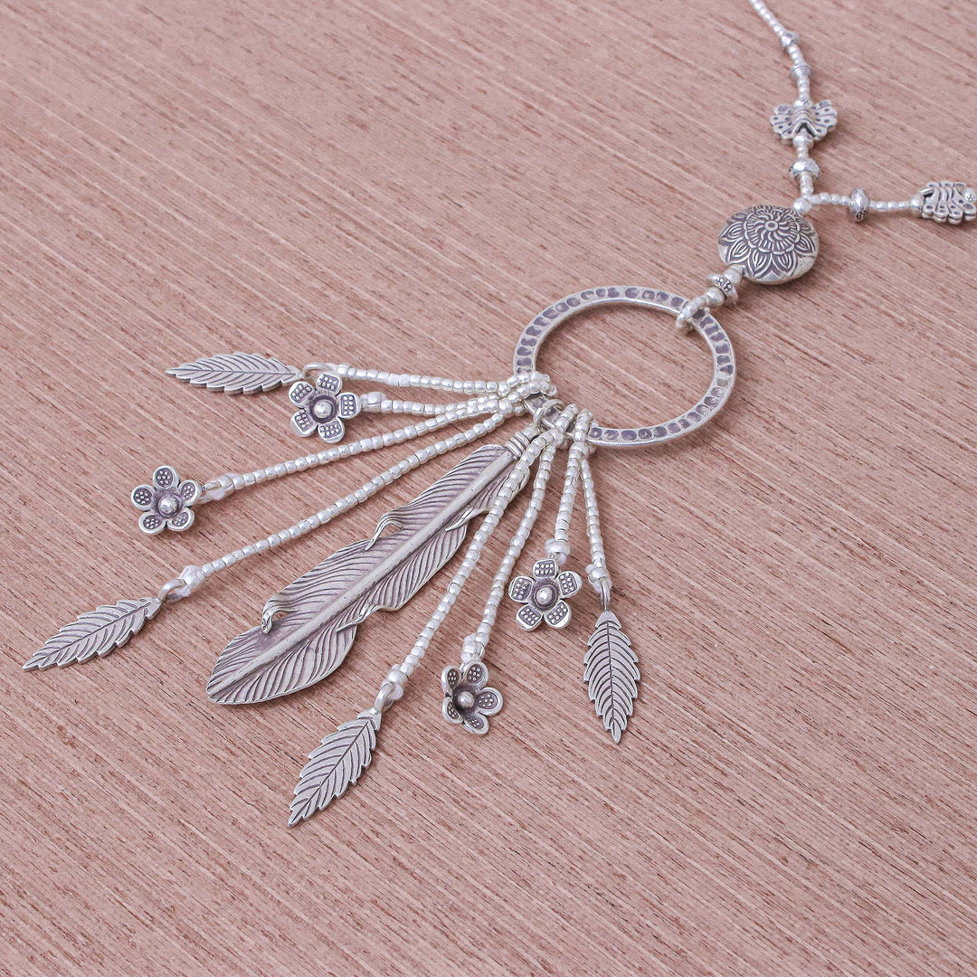 Feather and Flower 950 Silver Y-Necklace - Feather Ring