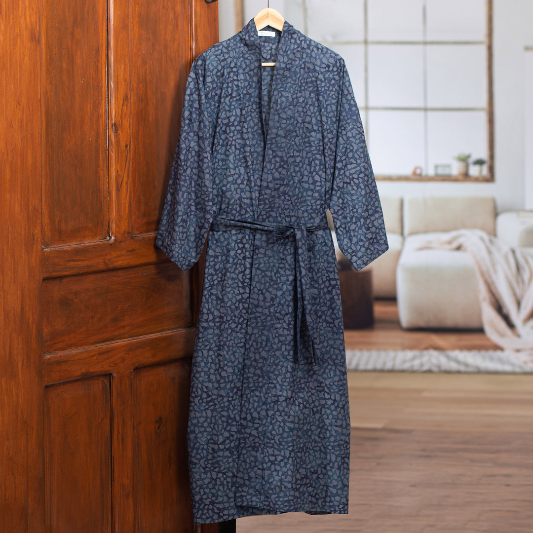 Men's Batik Belted Cotton Robe - Blue Midnight