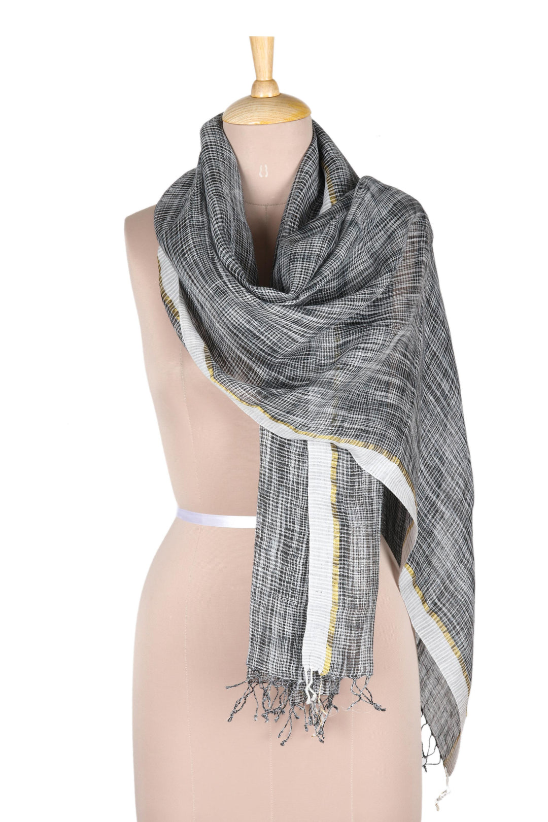 100% Linen Shawl in Black and White with Golden Accent - Timeless Charm in Black