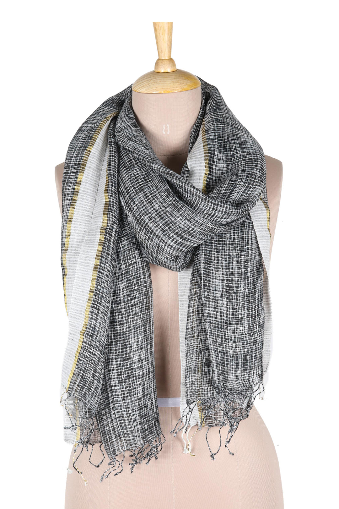 100% Linen Shawl in Black and White with Golden Accent - Timeless Charm in Black
