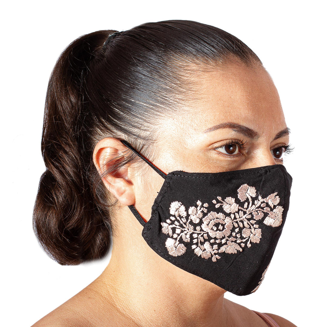 Black and Beige Floral Face Mask with 2 Layers - Flower Garden in Beige