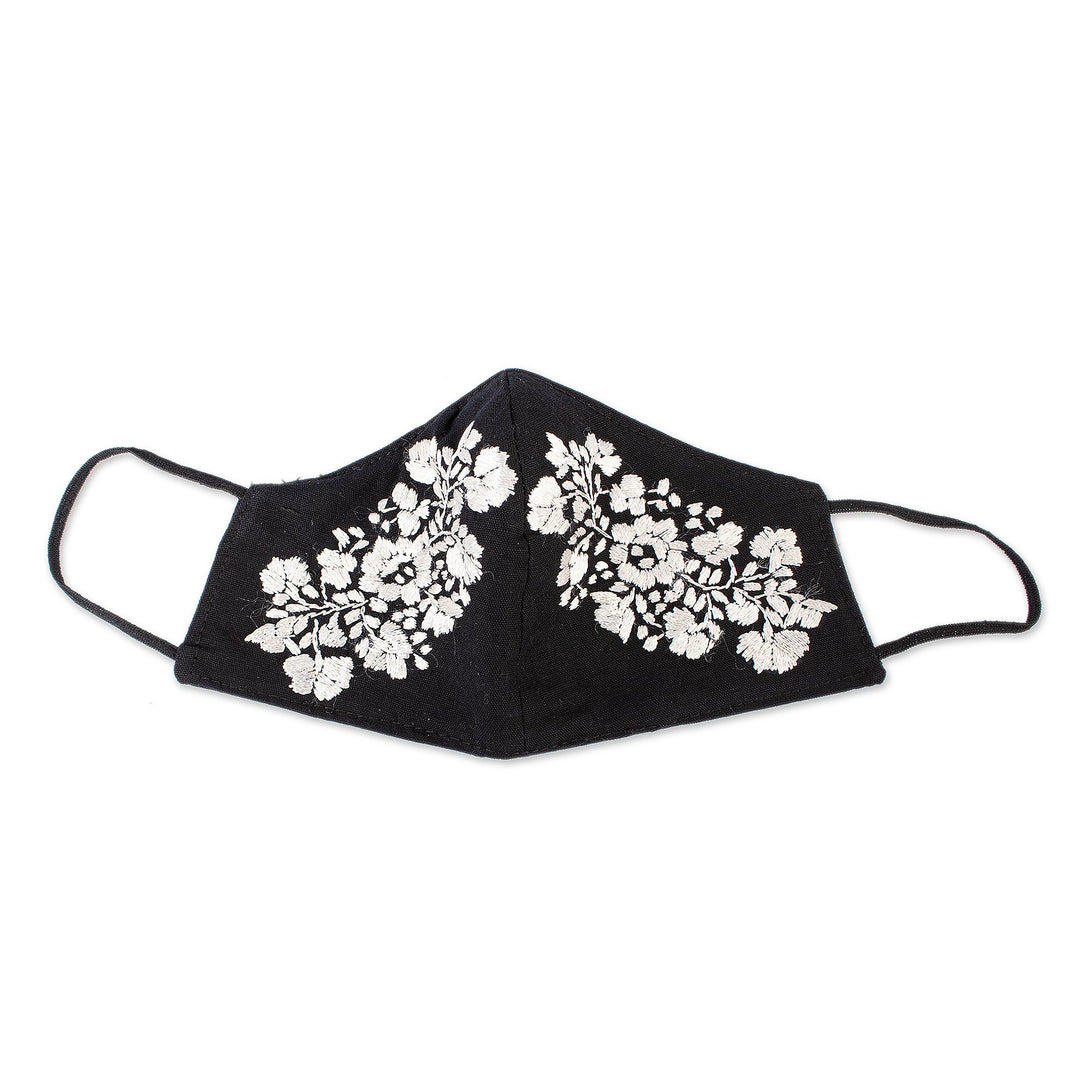 Reusable and Washable Black Cotton Floral Face Mask - Flower Garden in Ivory