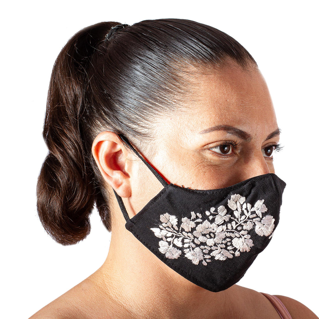 Reusable and Washable Black Cotton Floral Face Mask - Flower Garden in Ivory