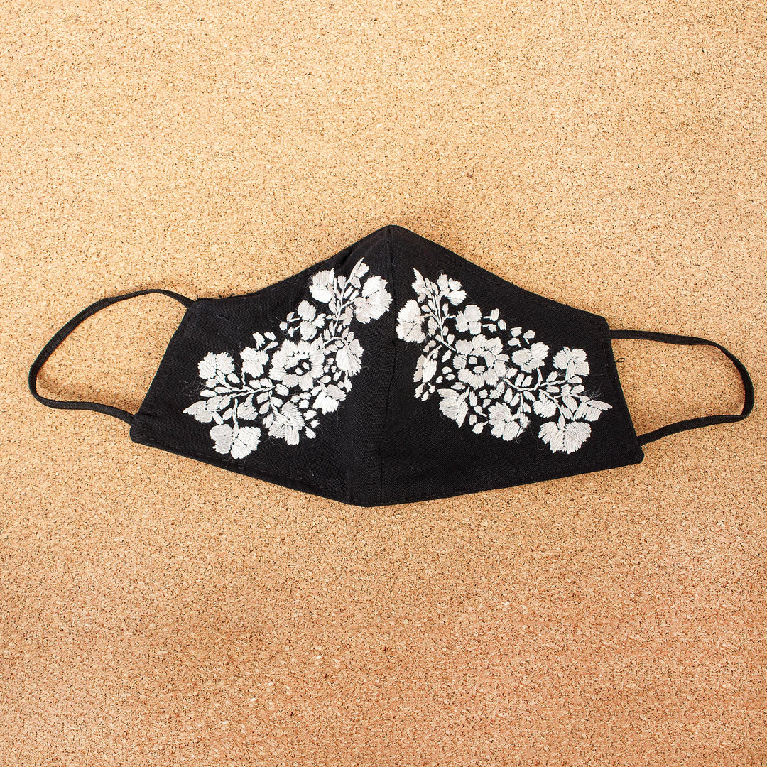 Reusable and Washable Black Cotton Floral Face Mask - Flower Garden in Ivory
