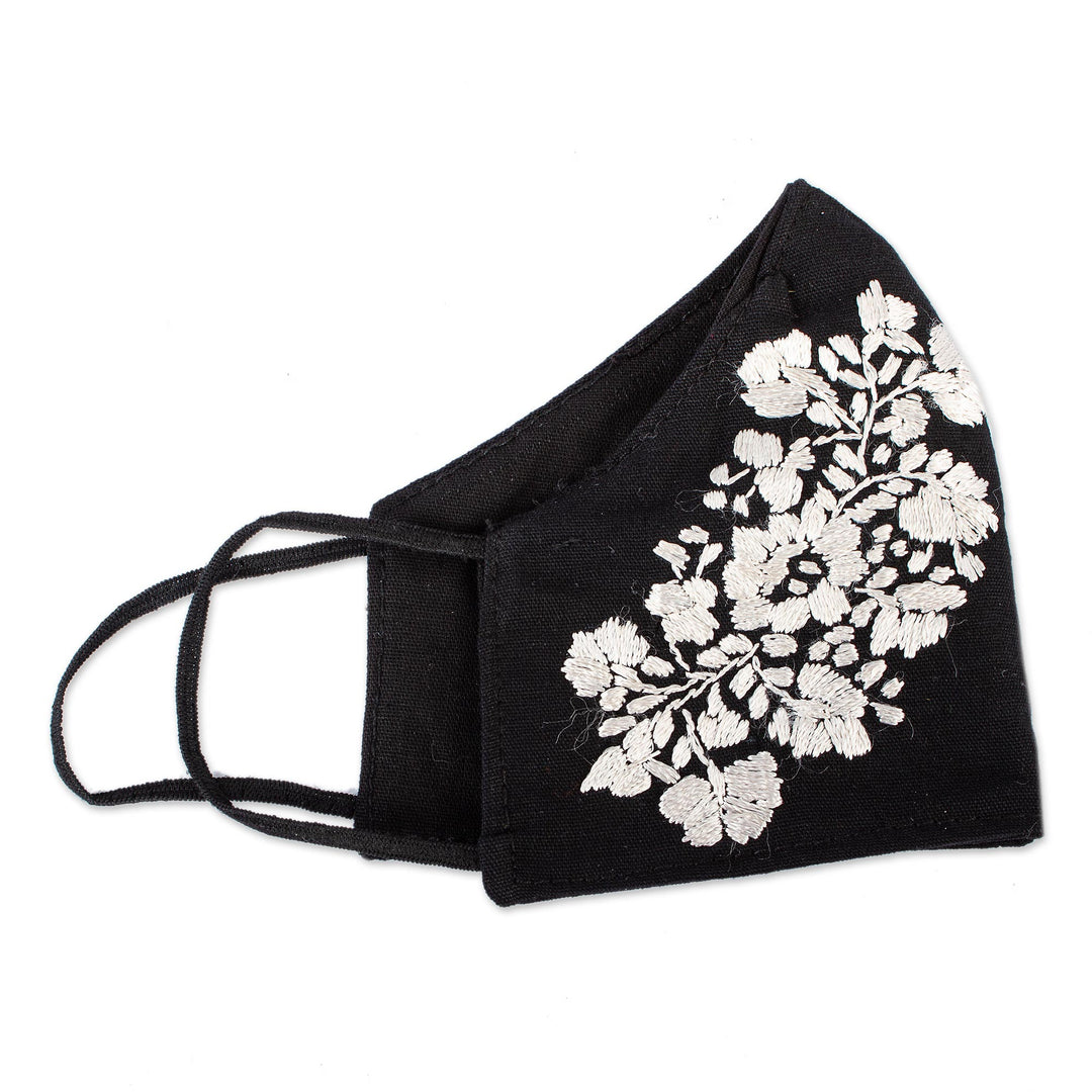 Reusable and Washable Black Cotton Floral Face Mask - Flower Garden in Ivory