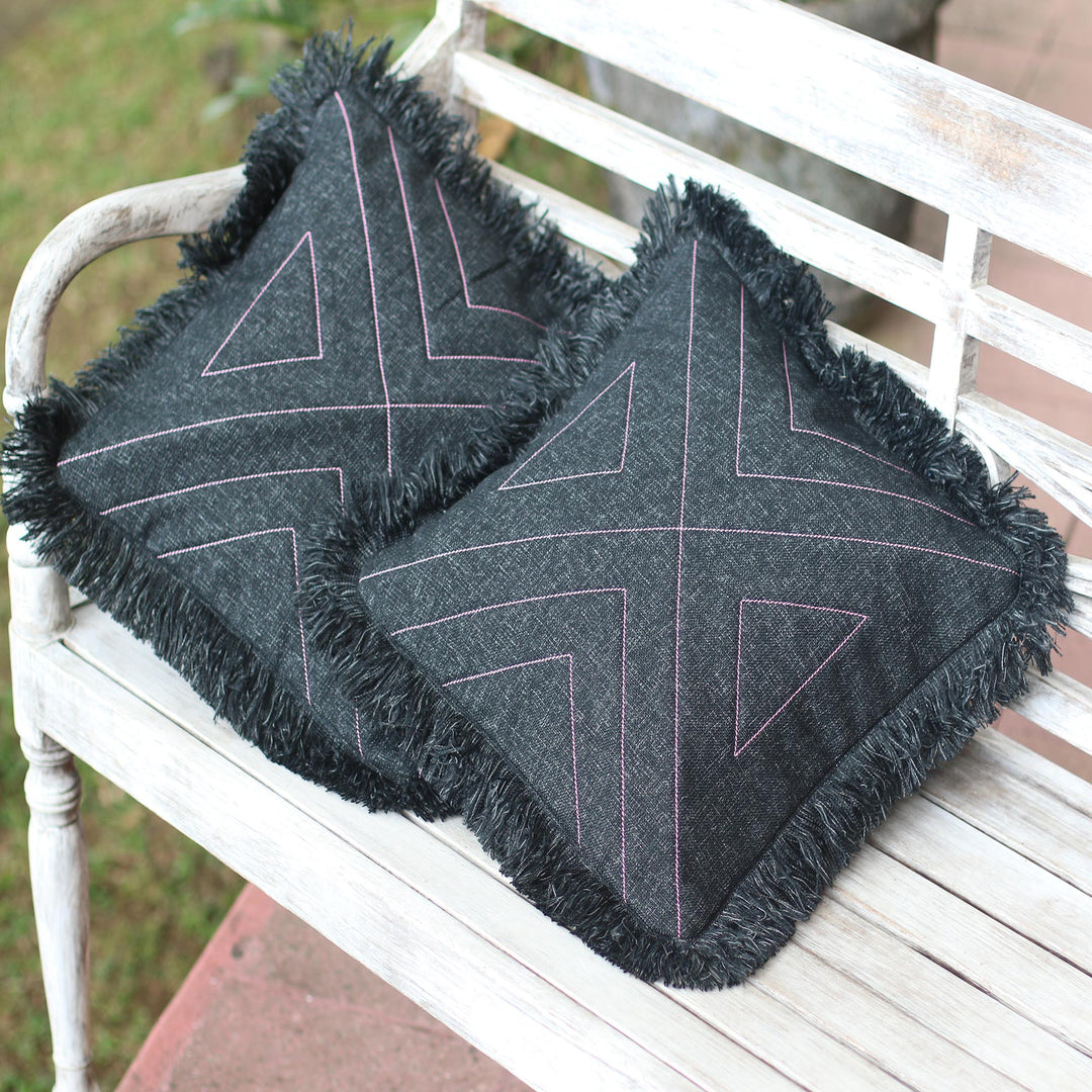 Triangle Pattern 100% Cotton Cushion Cover Pair - Triangle in Black