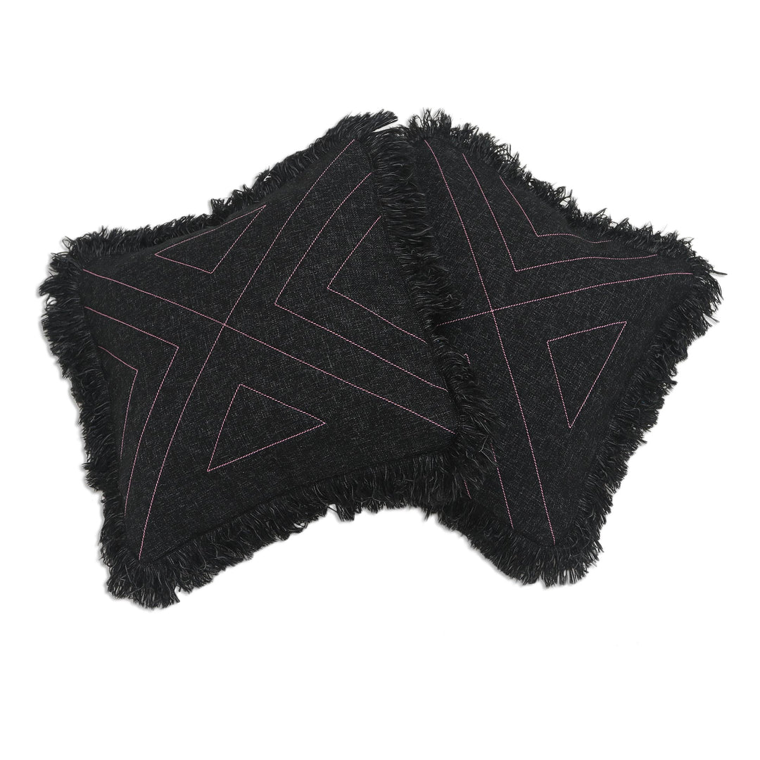 Triangle Pattern 100% Cotton Cushion Cover Pair - Triangle in Black