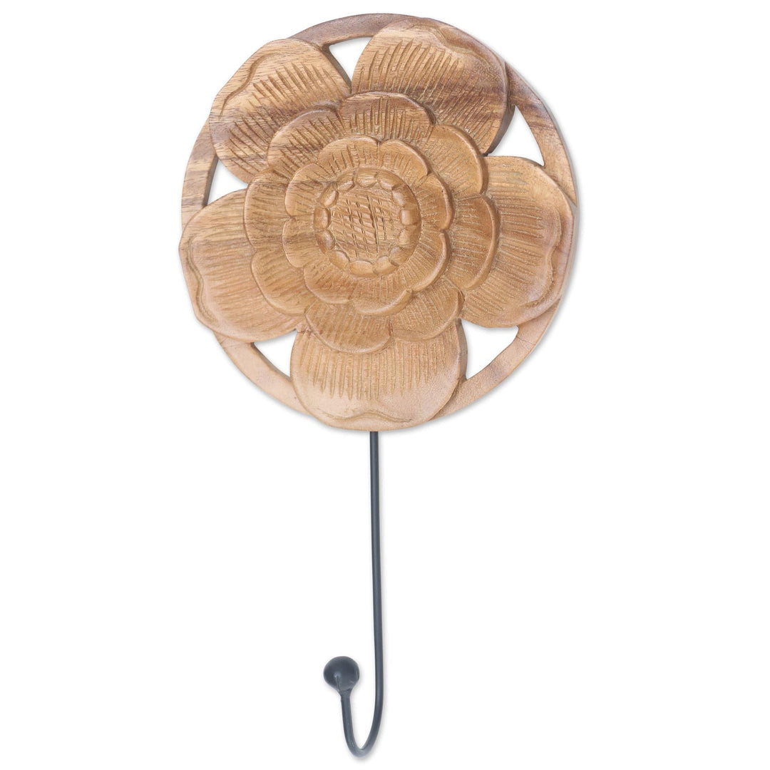 Hand Carved Wood and Iron Floral Wall Hook - Lotus Bloom