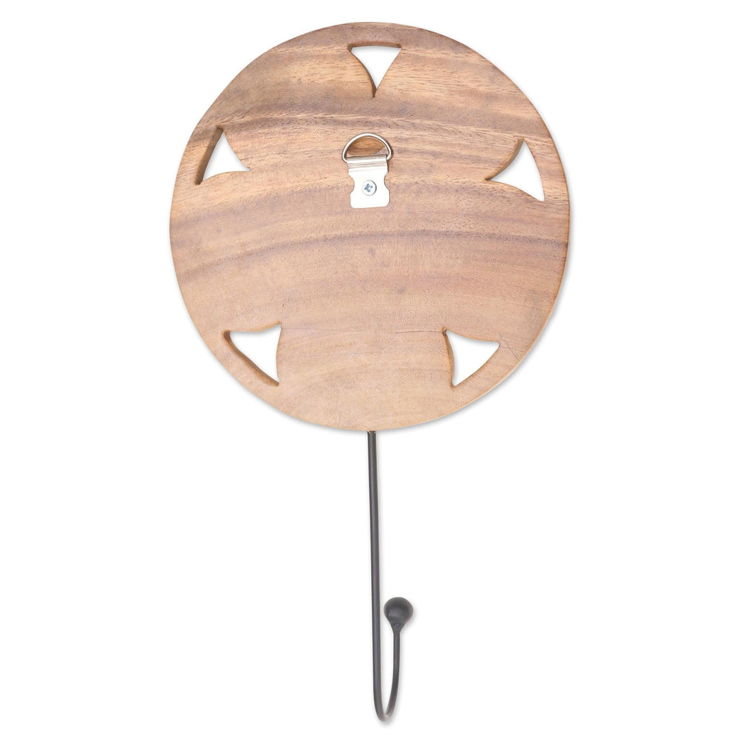 Hand Carved Wood and Iron Floral Wall Hook - Lotus Bloom
