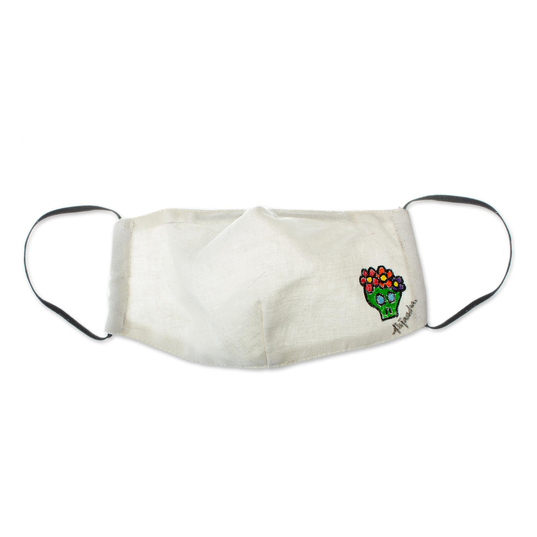 Hand-Painted Cotton 3-Layer Green Floral Skull Motif Mask - Little Green Skull