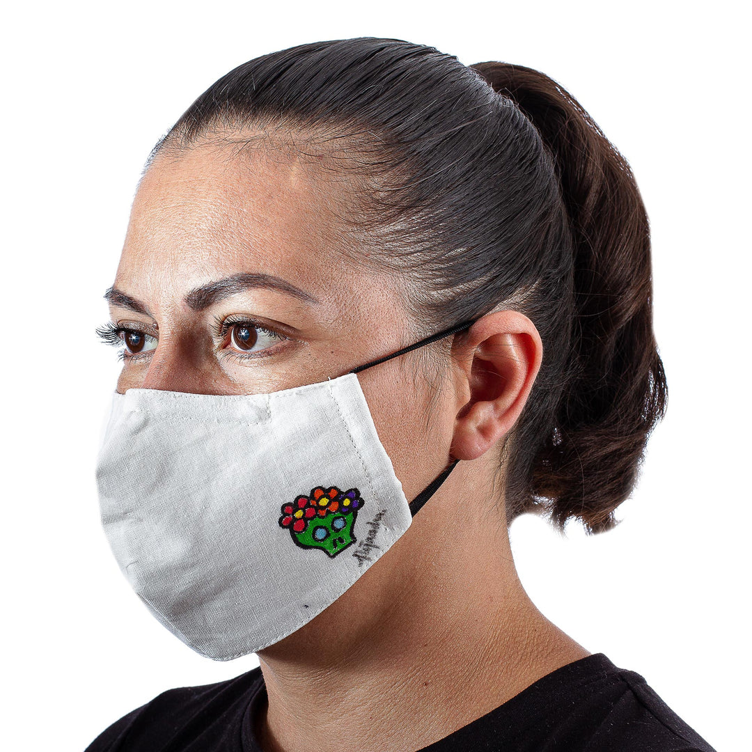 Hand-Painted Cotton 3-Layer Green Floral Skull Motif Mask - Little Green Skull