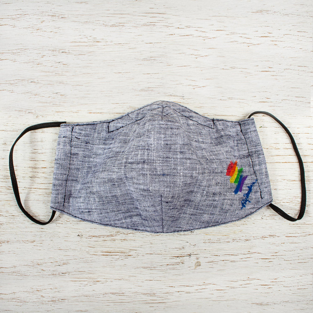 Blue Cotton Chambray 3-Layer Ear Loop Face Mask - Chambray Rainbow