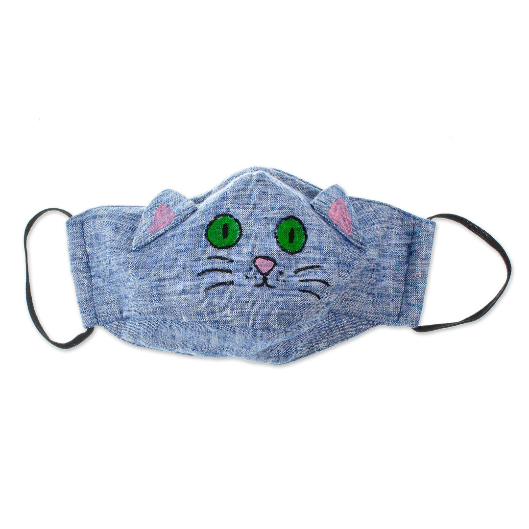Blue Cotton Chambray 3-Layer Ear Loop Cat Face Mask - Chambray Kitty Cat