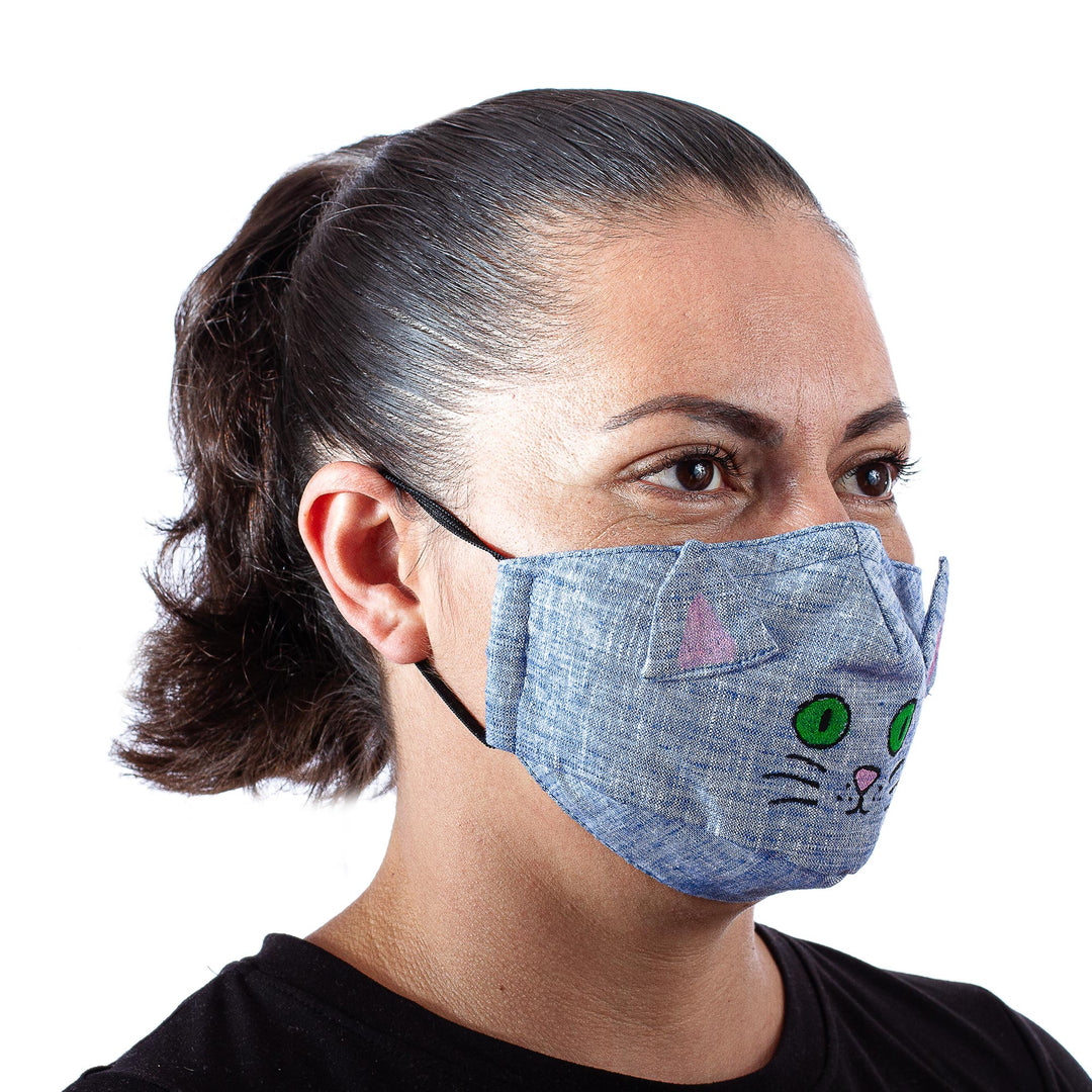 Blue Cotton Chambray 3-Layer Ear Loop Cat Face Mask - Chambray Kitty Cat