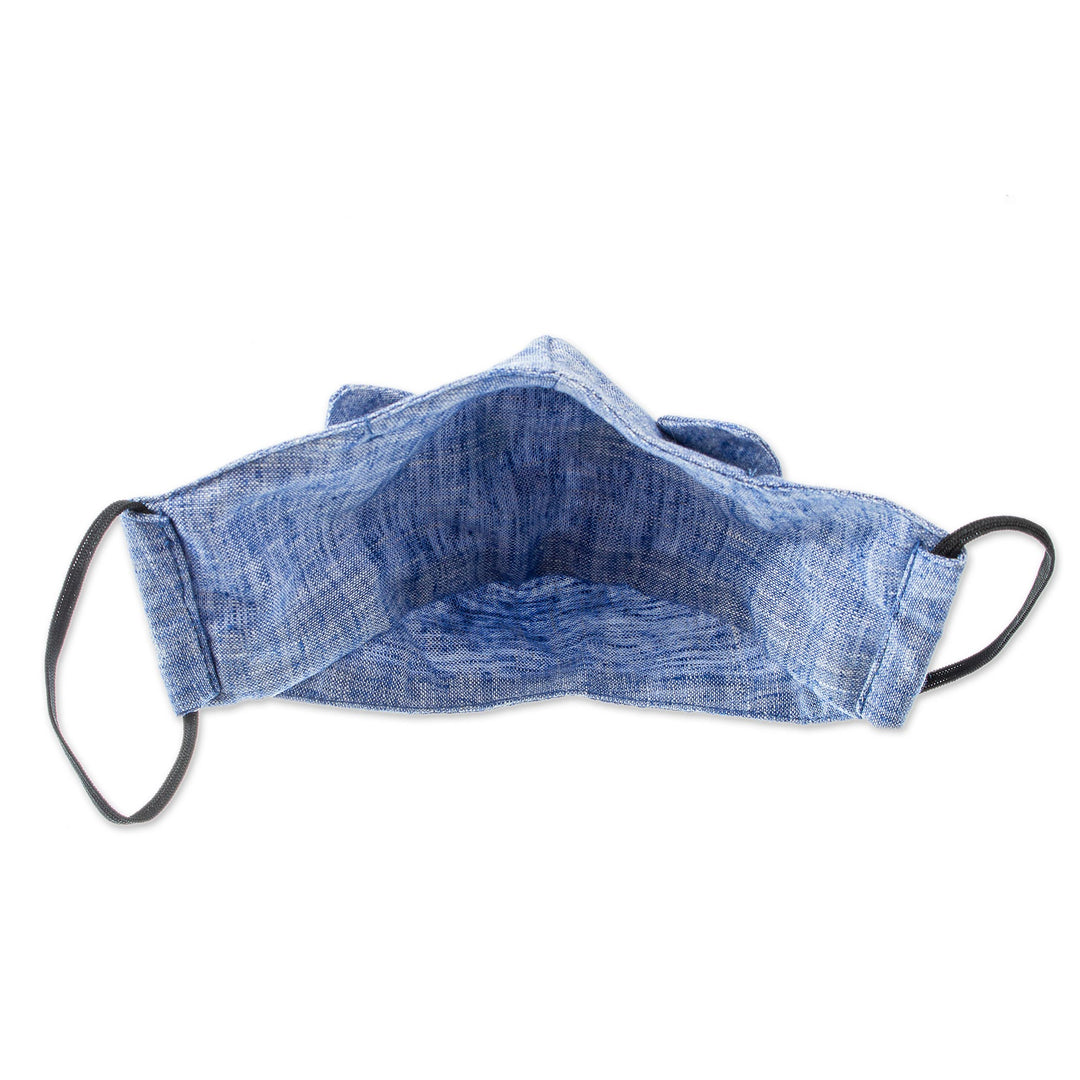 Blue Cotton Chambray 3-Layer Ear Loop Cat Face Mask - Chambray Kitty Cat
