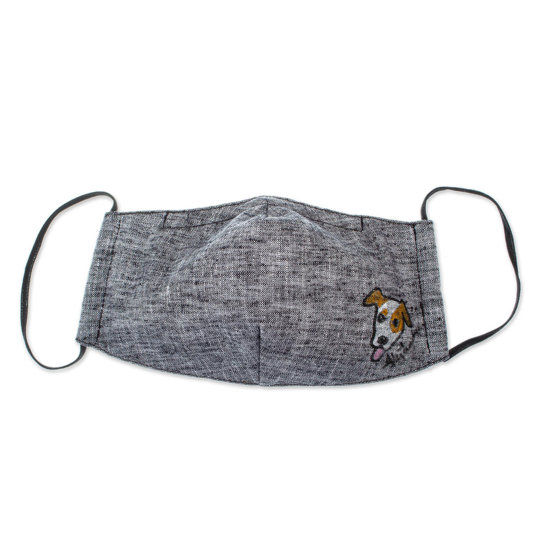 Hand-Painted Cotton Chambray 3-Layer Ear Loop Dog Mask - Grey Chambray Pup